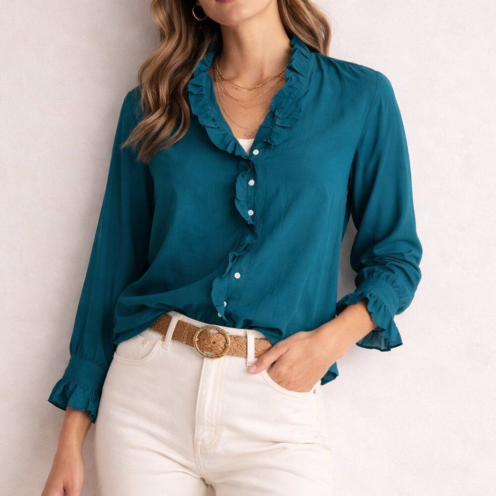 Dylan Blue Ruffle center Long sleeve Blouse Top Size X-Large NWT office Career